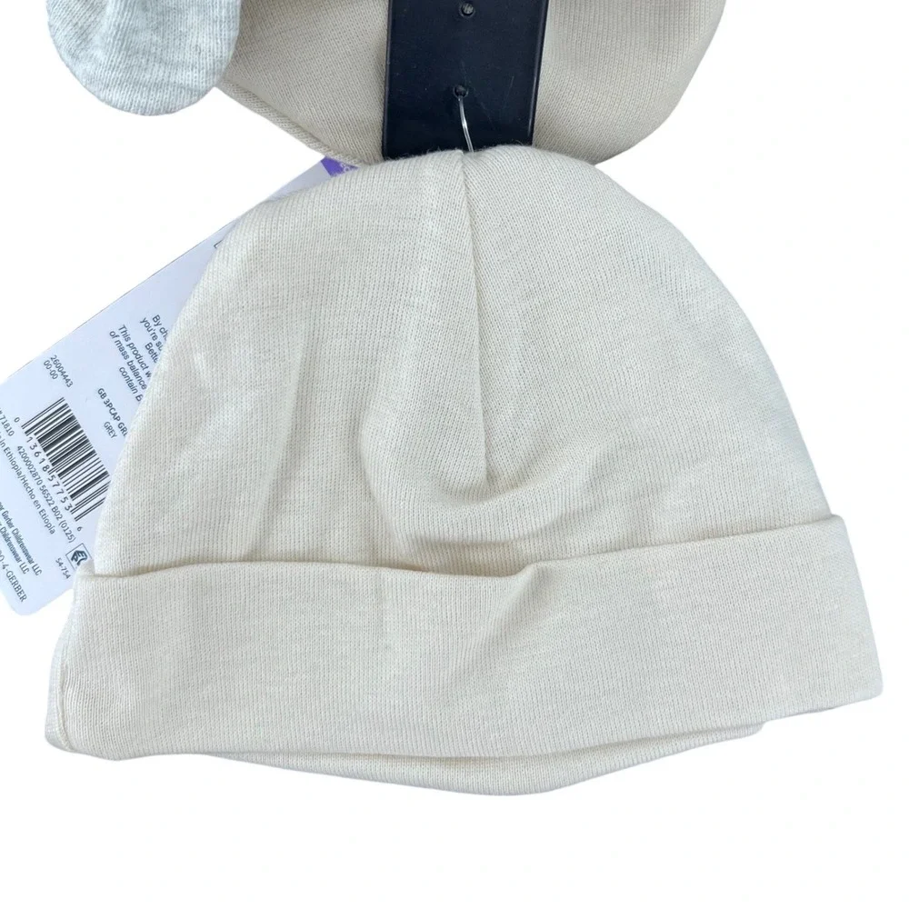 Gerber Beanie Set‎ Unisex Newborn Cream Grey 100% Cotton 3D Ears 3 Pack